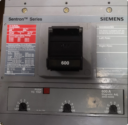 Siemens CLD63B600 Circuit Breaker 600V 600A 3P Sentron Series