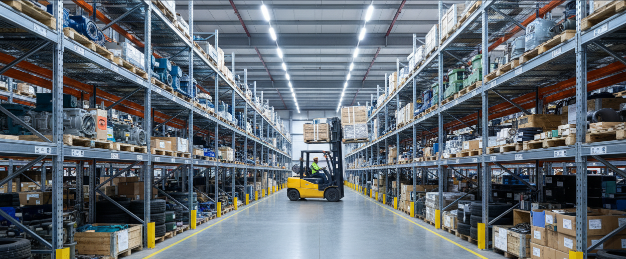 A wide view of a large industrial warehouse with tall metal shelving stocked with boxes and equipment, a yellow forklift in the aisle, and a dark blue banner at the bottom with the text '3B Industry — Best Price, Best Quality, Best Service.'.