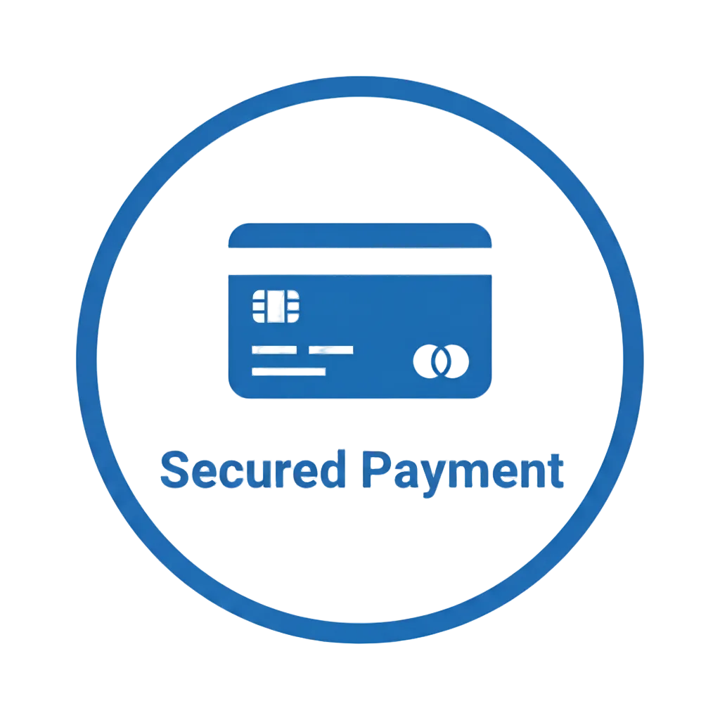 A blue circular icon with a credit card graphic and the words 'Secure Payment' on a white background.