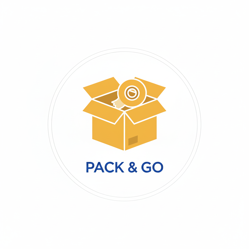 A minimalist yellow icon of an open cardboard box with a rolled item inside, centered on a white background with the text 'PACK & GO' below it.