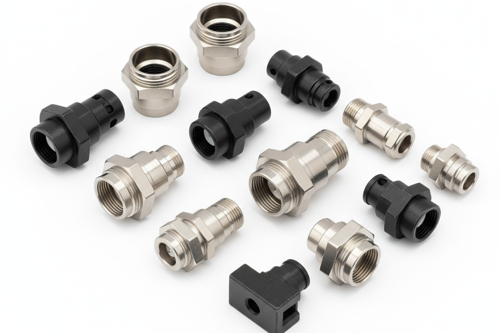 An assortment of small metal and black plastic threaded connector fittings arranged on a clean white background.